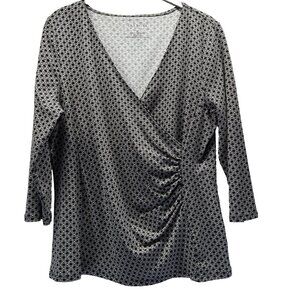 Talbots Womens Faux Wrap Top Size L Black White Long Sleeve Stretch Pullover Y2K
